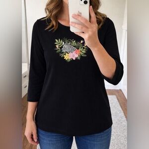 Black Embroidered Zebra Tropical Floral Tee 3/4 Sleeve Jersey Top Small Boho